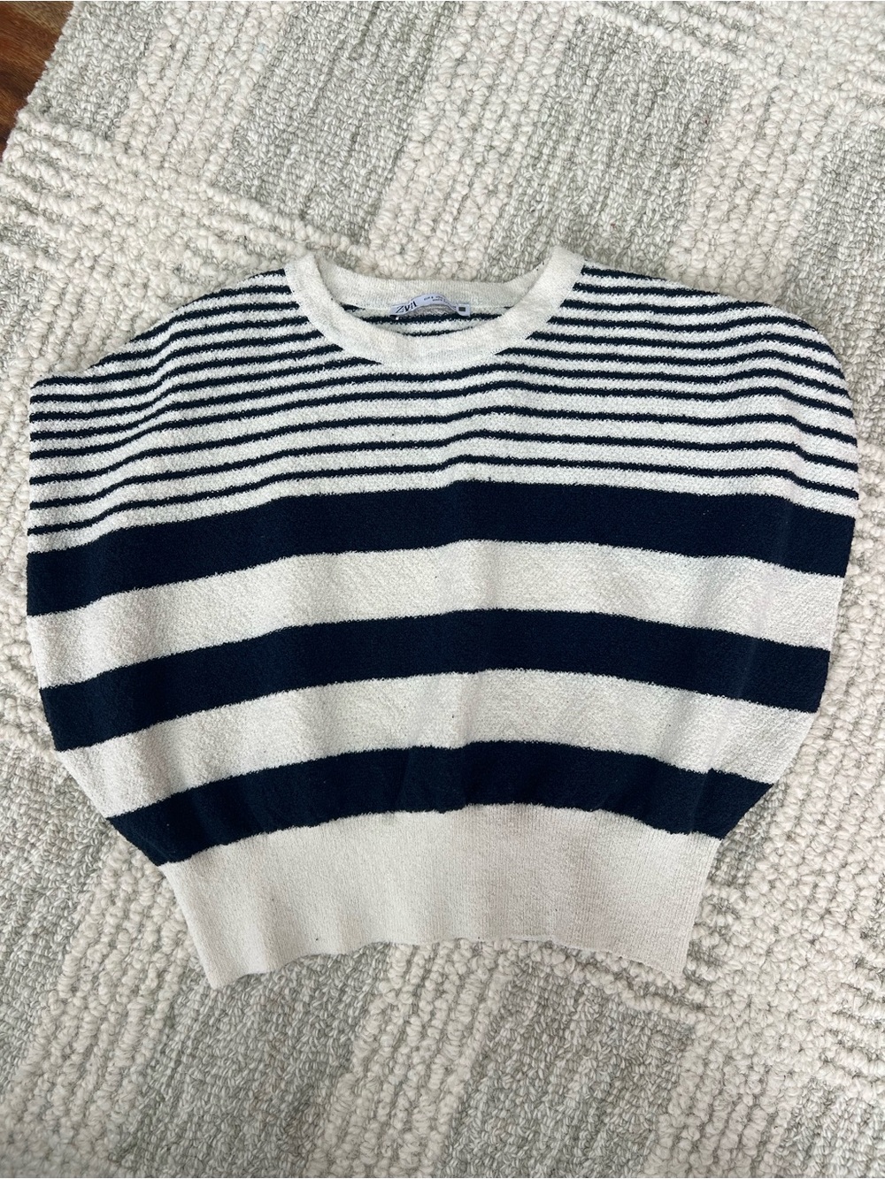 Zara Navy and White Striped Boxy Crew Sweater